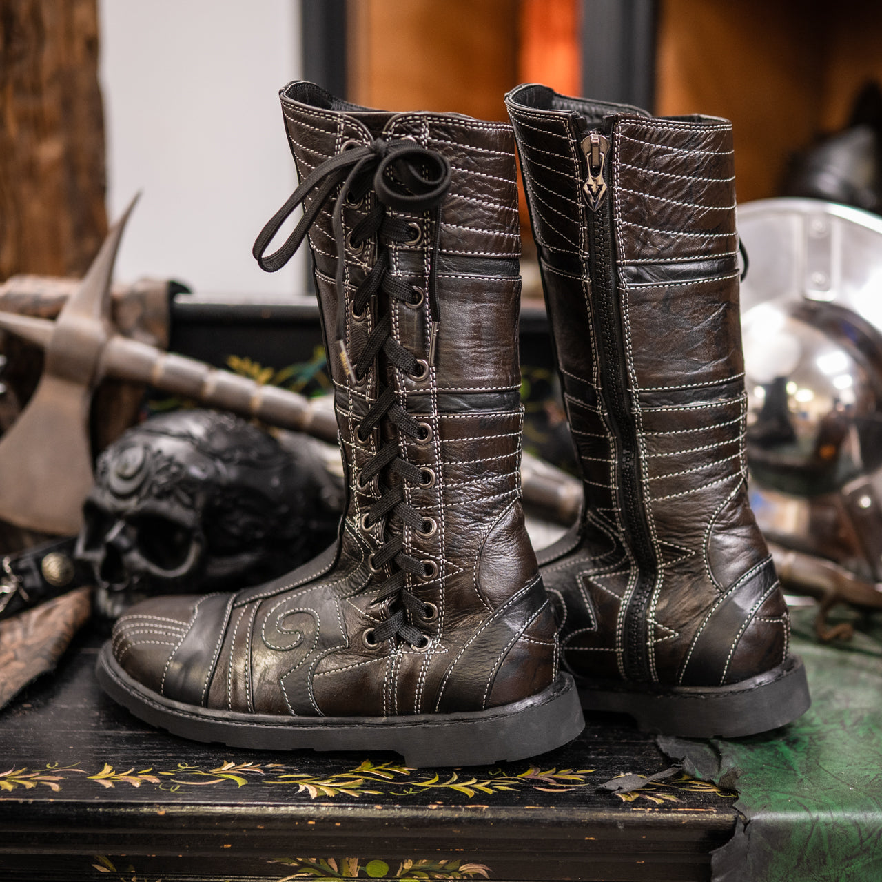 ダーツ MONSTERDARTS VEROCITY Men's Spiral Moto Boots - Ironwood Brown and Classic Black Limited